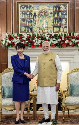 PM Modi & Japanese PM Sanae Takaichi at Hyderabad House in New Delhi New Delhi, Jul 02 (ANI): Prime Minister Narendra Modi and Japan™s Prime Minister Sanae Takaichi exchange a handshake ahead of bilateral talks at Hyderabad House, in New Delhi on Thursday. (DPR PMO ANI Photo) NEW DELHI Delhi India Copyright: xANIx ANI_20260702106