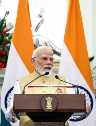 India-Japan: Joint Press Statement at Hyderabad House in New Delhi New Delhi, Jul 02 (ANI): Prime Minister Narendra Modi, along with Japan™s Prime Minister Sanae Takaichi (unseen), speaks at the joint press statement following delegation-level talks at Hyderabad House, in New Delhi on Thursday. (DPR PMO ANI Photo) NEW DELHI Delhi India Copyright: xANIx ANI_20260702140