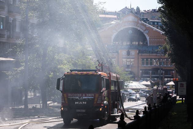 RECORD DATE NOT STATED Firefighting vehicles are seen at the scene of a hotel building damaged in a massive Russian missile and drone attack in the Shevchenkivskyi district of Kyiv, Ukraine, on July 2, 2026. The Russian military launched a massive attack on the city using attack drones and various types of missiles. At least 13 people were killed and 56 others were injured in the strike. Private homes, apartment buildings, an ambulance substation and a hotel building were damaged (Photo by Hennadii Minchenko Ukrinform) Downtown Kyiv hotel damaged in Russian attack  Copyright: xHennadiixMinchenkox