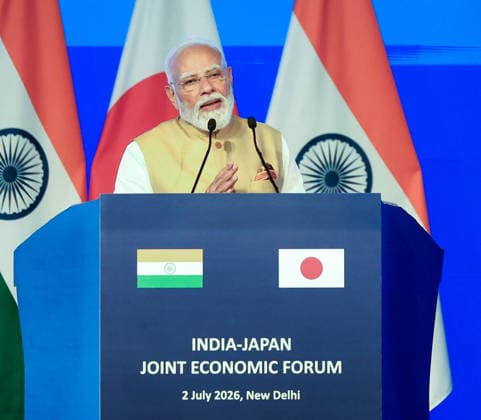 RECORD DATE NOT STATED PM Modi, PM Sanae Takaichi attend India-Japan Joint Economic Forum New Delhi, Jul 02 (ANI): Prime Minister Narendra Modi speaks at the India-Japan Joint Economic Forum, in New Delhi on Thursday. (Narendra Modi Photo Gallery ANI Photo) NEW DELHI Delhi India Copyright: xANIx ANI_20260702322