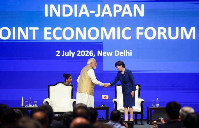 RECORD DATE NOT STATED PM Modi, PM Sanae Takaichi attend India-Japan Joint Economic Forum New Delhi, Jul 02 (ANI): Prime Minister Narendra Modi exchanges a handshake with Japanese Prime Minister Sanae Takaichi at the India-Japan Joint Economic Forum, in New Delhi on Thursday. (Narendra Modi Photo Gallery ANI Photo) NEW DELHI Delhi India Copyright: xANIx ANI_20260702325