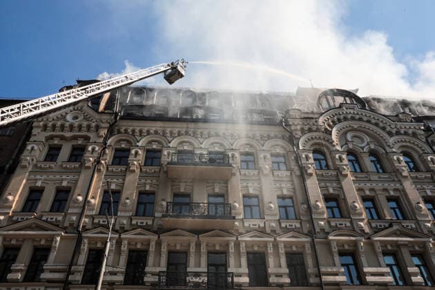 RECORD DATE NOT STATED A rescuer on an aerial platform extinguishes a fire at a hotel building damaged in a massive Russian missile and drone attack in the Shevchenkivskyi district of Kyiv, Ukraine, on July 2, 2026. The Russian military launched a massive attack on the city using attack drones and various types of missiles. At least 13 people were killed and 56 others were injured in the strike. Private homes, apartment buildings, an ambulance substation and a hotel building were damaged (Photo by Hennadii Minchenko Ukrinform) Downtown Kyiv hotel damaged in Russian attack  Copyright: xHennadiixMinchenkox