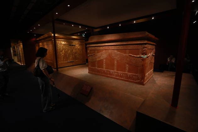 Tutankhamun exhibition opens in Paris with recreated treasures and immersive tomb experience PARIS, FRANCE - JULY 2: A view of the Tutankhamun - His Tomb and His Treasures exhibition during a press preview at Paris Expo Porte de Versailles in Paris, France on July 2, 2026. The exhibition, running from July 3 to September 6, 2026, features more than 1,000 scientifically recreated objects from the tomb of the ancient Egyptian pharaoh Tutankhamun, along with an immersive experience recreating his burial chamber. Mohamad Salaheldin Abdelghani Alsayed Anadolu Paris France. Editorial use only. Please get in touch for any other usage.  Copyright: x2026xAnadoluxMohamadxSalaheldinxAbdelghanixAlsayedx