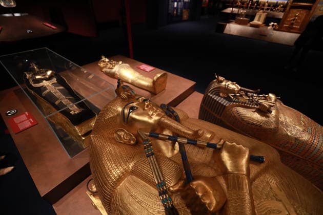 Tutankhamun exhibition opens in Paris with recreated treasures and immersive tomb experience PARIS, FRANCE - JULY 2: A view of the Tutankhamun - His Tomb and His Treasures exhibition during a press preview at Paris Expo Porte de Versailles in Paris, France on July 2, 2026. The exhibition, running from July 3 to September 6, 2026, features more than 1,000 scientifically recreated objects from the tomb of the ancient Egyptian pharaoh Tutankhamun, along with an immersive experience recreating his burial chamber. Mohamad Salaheldin Abdelghani Alsayed Anadolu Paris France. Editorial use only. Please get in touch for any other usage.  Copyright: x2026xAnadoluxMohamadxSalaheldinxAbdelghanixAlsayedx