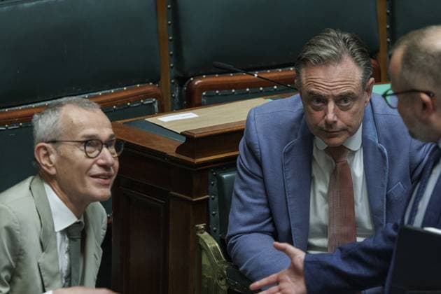 Vice-prime minister and minister and minister of Public Health and Social Affairs Frank Vandenbroucke and Prime Minister Bart De Wever pictured during a plenary session of the Chamber at the Federal Parliament in Brussels, Thursday 02 July 2026.  NICOLASxMAETERLINCK 180171996