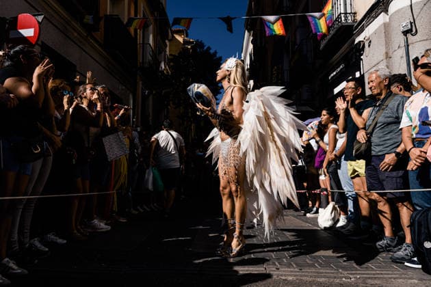 27th Edition of the MADO High-Heel Race A drag queen celebrates the 27th edition of the High-Heel Race on Pelayo Street on July 2, 2026, in Madrid, Spain. The 2026 Madrid LGBTIQ Pride Festivities host the traditional High-Heel Race, hosted by the artist Chumina Power. It is a festive sporting event that involves completing the course while wearing platform shoes up to 15 centimeters high. JULY 2, 2026 Carlos Lujá Madrid, Spain  Copyright: xCarlosxLujanx 7638982