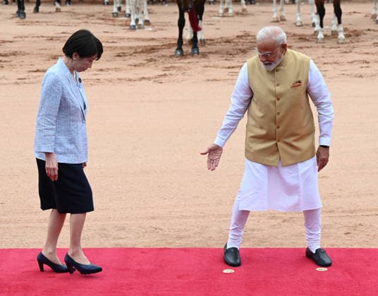 NEW DELHI, INDIA - JULY 2: Japanese Prime Minister Sanae Takaichi with Prime Minister Narendra Modi during her ceremonial reception at Rashtrapati Bhavan on July 2, 2026 in New Delhi, India. (Photo by Sonu Mehta Hindustan Times) Ceremonial Reception Of Japanese PM Sanae Takaichi At Rashtrapati Bhavan In Delhi