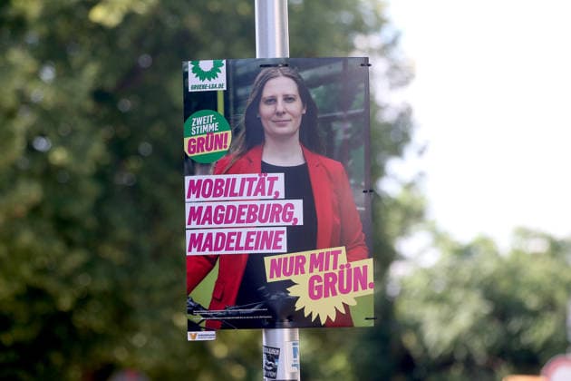 Wahlplakate zur Landtagswahl in Sachsen-Anhalt in Magdeburg Magdeburg, 02.07.2026 Wahlplakate von Grünen zur bevorstehenden Landtagswahl in Sachsen-Anhalt in Magdeburg Sachsen-Anhalt *** Election posters for the state election in Saxony-Anhalt in Magdeburg Magdeburg, July 2, 2026 Election posters from the Green Party for the upcoming state election in Saxony-Anhalt in Magdeburg, Saxony-Anhalt Copyright: xMatthiasxGränzdörferx