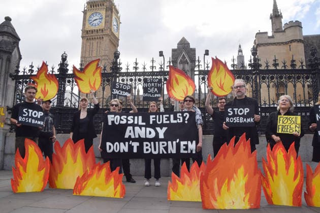 July 2, 2026, London, England, United Kingdom: Activists from Fossil Free London stage a protest outside the parliament calling on Andy Burnham, who is expected to become the next UK Prime Minister, not to open the North Sea to oil and gas projects like Jackdaw and Rosebank. London United Kingdom - ZUMAv130 20260702_zip_v130_042 Copyright: xVukxValcicx
