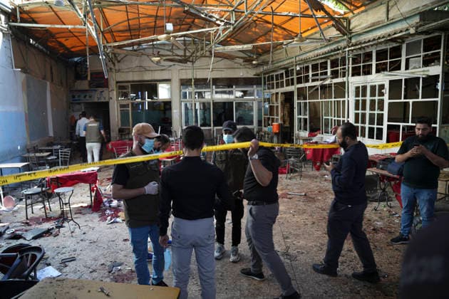 Damascus Cafe Blast Aftermath Investigated People inspect the damaged interior of a cafe in central Damascus, Syria, on July 2, 2026. An explosive device detonated inside a cafe in the al-Hijaz area near the Palace of Justice, killing people and injuring others, Syrian authorities said. Damascus Damascus Syria Copyright: xOmarxAlbamx