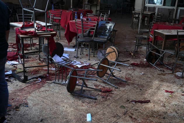 Damascus Cafe Blast Aftermath Investigated Damaged cafe furniture, debris and blood stains are visible inside a cafe in central Damascus, Syria, on July 2, 2026. An explosive device detonated inside the cafe near the Palace of Justice in the al-Hijaz area, killing people and injuring others, Syrian authorities said. Damascus Damascus Syria Copyright: xOmarxAlbamx
