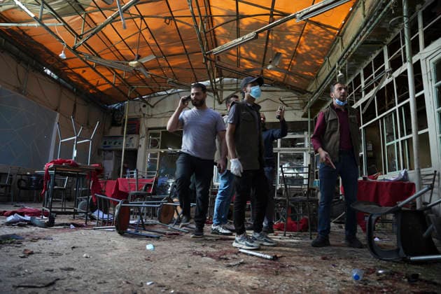 Damascus Cafe Blast Aftermath Investigated Men move through the damaged interior of a cafe in central Damascus, Syria, on July 2, 2026. An explosive device detonated inside the cafe near the Palace of Justice in the al-Hijaz area, killing people and injuring others, Syrian authorities said. Damascus Damascus Syria Copyright: xOmarxAlbamx