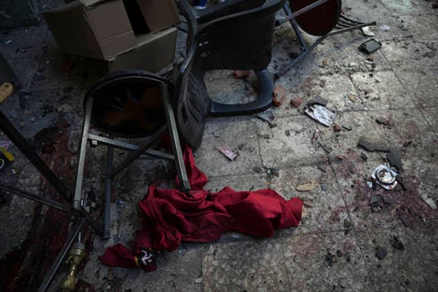Damascus Cafe Blast Aftermath Investigated Damaged cafe furniture, debris and blood stains are visible inside a cafe in central Damascus, Syria, on July 2, 2026. An explosive device detonated inside the cafe near the Palace of Justice in the al-Hijaz area, killing people and injuring others, Syrian authorities said. Damascus Damascus Syria Copyright: xOmarxAlbamx