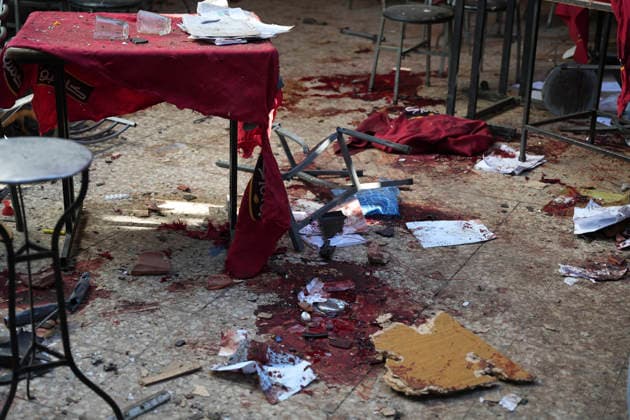 Damascus Cafe Blast Aftermath Investigated Damaged cafe furniture, debris and blood stains are visible inside a cafe in central Damascus, Syria, on July 2, 2026. An explosive device detonated inside the cafe near the Palace of Justice in the al-Hijaz area, killing people and injuring others, Syrian authorities said. Damascus Damascus Syria Copyright: xOmarxAlbamx