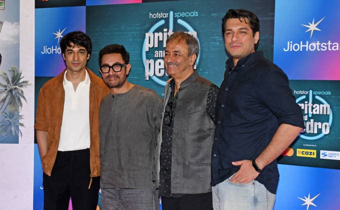 July 2, 2026, Mumbai, Maharashtra, India: L-R Bollywood actors Vir Hirani, Aamir Khan, filmmaker Rajkumar Hirani and Junaid Khan pose for a photo at the screening of web series Pritam & Pedro in Mumbai. Mumbai India - ZUMAs197 20260702_aaa_s197_215 Copyright: xAshishxVaishnavx