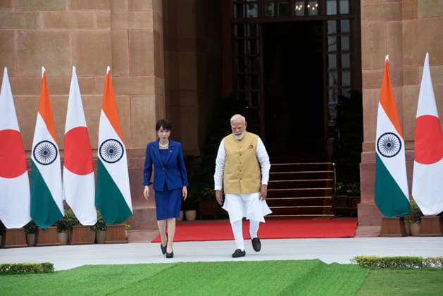 Japan Prime Minister Sanae Takaichi and Prime Minister Narendra Modi walk at Hyderabad House Japan Prime Minister Sanae Takaichi and Prime Minister Narendra Modi walk at Hyderabad House for a photo-op before holding a bilateral meeting followed by the signing of an agreement to boost strategic partnership between two countries. PM Takaichi schedule includes co-chairing the 16th India-Japan Annual Summit with PM Narendra Modi and addressing the India-Japan Business Forum. New Delhi India Copyright: SondeepxShankar