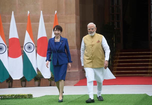 Japan Prime Minister Sanae Takaichi and Prime Minister Narendra Modi walk at Hyderabad House Japan Prime Minister Sanae Takaichi and Prime Minister Narendra Modi walk at Hyderabad House for a photo-op before holding a bilateral meeting followed by the signing of an agreement to boost strategic partnership between two countries. PM Takaichi schedule includes co-chairing the 16th India-Japan Annual Summit with PM Narendra Modi and addressing the India-Japan Business Forum. New Delhi India Copyright: SondeepxShankar