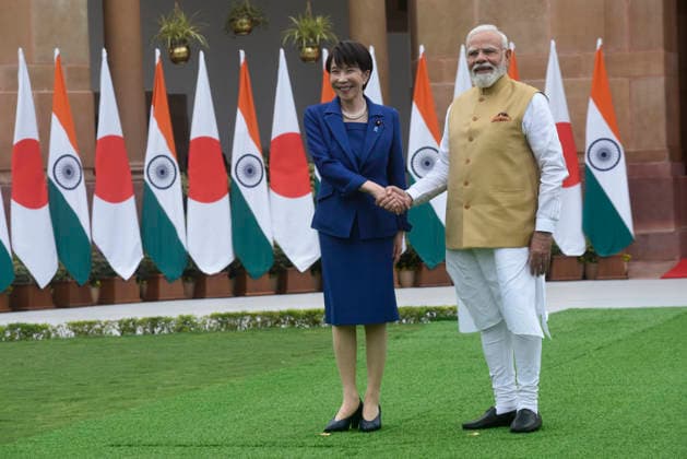 Japan Prime Minister Sanae Takaichi and Prime Minister Narendra Modi walk at Hyderabad House Japan Prime Minister Sanae Takaichi and Prime Minister Narendra Modi walk at Hyderabad House for a photo-op before holding a bilateral meeting followed by the signing of an agreement to boost strategic partnership between two countries. PM Takaichi schedule includes co-chairing the 16th India-Japan Annual Summit with PM Narendra Modi and addressing the India-Japan Business Forum. New Delhi India Copyright: SondeepxShankar