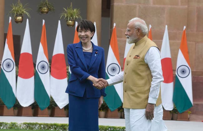 Japan Prime Minister Sanae Takaichi and Prime Minister Narendra Modi walk at Hyderabad House Japan Prime Minister Sanae Takaichi and Prime Minister Narendra Modi walk at Hyderabad House for a photo-op before holding a bilateral meeting followed by the signing of an agreement to boost strategic partnership between two countries. PM Takaichi schedule includes co-chairing the 16th India-Japan Annual Summit with PM Narendra Modi and addressing the India-Japan Business Forum. New Delhi India Copyright: SondeepxShankar