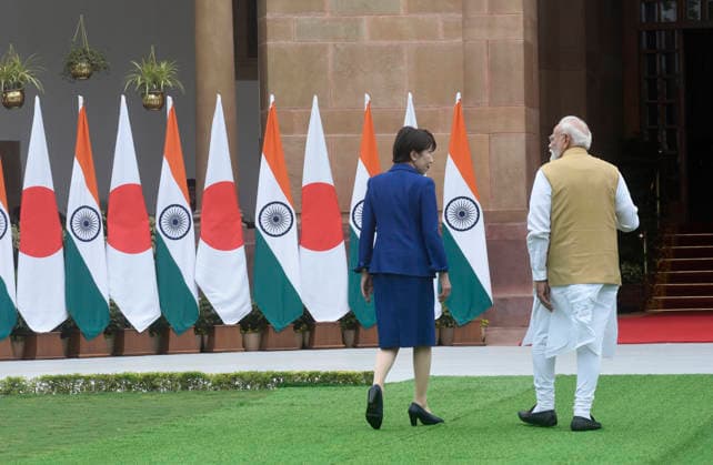 Japan Prime Minister Sanae Takaichi and Prime Minister Narendra Modi walk at Hyderabad House Japan Prime Minister Sanae Takaichi and Prime Minister Narendra Modi walk at Hyderabad House for a photo-op before holding a bilateral meeting followed by the signing of an agreement to boost strategic partnership between two countries. PM Takaichi schedule includes co-chairing the 16th India-Japan Annual Summit with PM Narendra Modi and addressing the India-Japan Business Forum. New Delhi India Copyright: SondeepxShankar