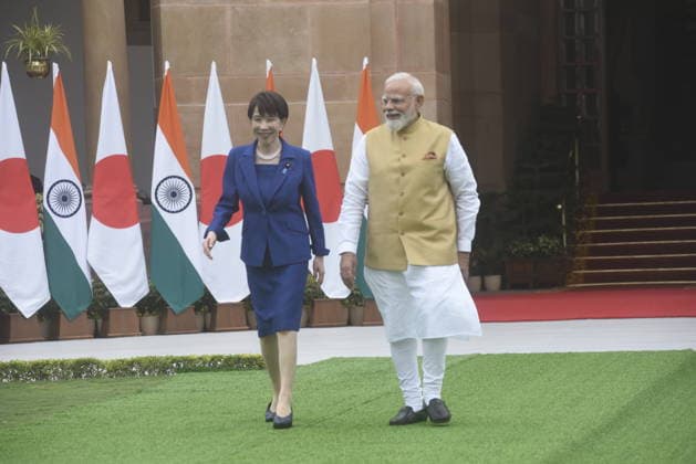 Japan Prime Minister Sanae Takaichi and Prime Minister Narendra Modi walk at Hyderabad House Japan Prime Minister Sanae Takaichi and Prime Minister Narendra Modi walk at Hyderabad House for a photo-op before holding a bilateral meeting followed by the signing of an agreement to boost strategic partnership between two countries. PM Takaichi schedule includes co-chairing the 16th India-Japan Annual Summit with PM Narendra Modi and addressing the India-Japan Business Forum. New Delhi India Copyright: SondeepxShankar