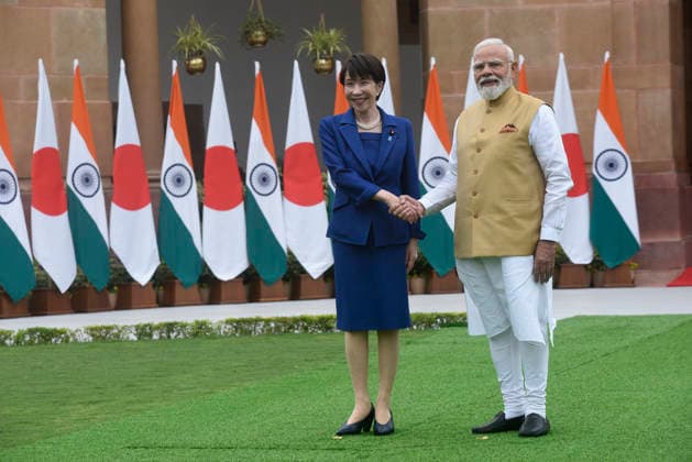 Japan Prime Minister Sanae Takaichi and Prime Minister Narendra Modi walk at Hyderabad House Japan Prime Minister Sanae Takaichi and Prime Minister Narendra Modi walk at Hyderabad House for a photo-op before holding a bilateral meeting followed by the signing of an agreement to boost strategic partnership between two countries. PM Takaichi schedule includes co-chairing the 16th India-Japan Annual Summit with PM Narendra Modi and addressing the India-Japan Business Forum. New Delhi India Copyright: SondeepxShankar