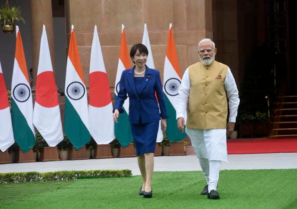 Japan Prime Minister Sanae Takaichi and Prime Minister Narendra Modi walk at Hyderabad House Japan Prime Minister Sanae Takaichi and Prime Minister Narendra Modi walk at Hyderabad House for a photo-op before holding a bilateral meeting followed by the signing of an agreement to boost strategic partnership between two countries. PM Takaichi schedule includes co-chairing the 16th India-Japan Annual Summit with PM Narendra Modi and addressing the India-Japan Business Forum. New Delhi India Copyright: SondeepxShankar