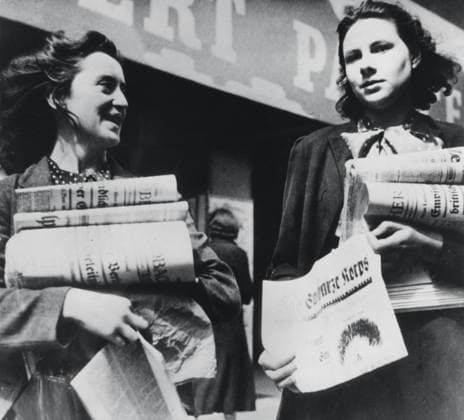 RECORD DATE NOT STATED Women selling German newspapers, German-occupied Paris, 19 July 1940 Women selling German newspapers, German-occupied Paris, 19 July 1940. The photographer is unknown. Editorial use only. All other uses to be cleared with the copyright owner (World History Archive), in advance., WHA_162_0510005013.jpg, Women; selling; German newspapers; German-occupied Paris; 19 July 1940; occupation; World War II; historical; France; street vendors; wartime; occupation; European history; French women; selling newspapers; occupation era; Parisian women; 1940s; black and white; street scene; wartime economy; occupation forces; historical photograph; French occupation; Nazi occupation; women in history; Paris street; European occupation Copyright: xWorldxHistoryxArchivex