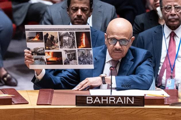 July 2, 2026, New York, New York, USA: Abdullatif bin Rashid Al Zayani, Minister of Foreign Affairs, Kingdom of Bahrain holds photographs of civilian targets hit by Iranian drones and missiles while speaking during Security Council meeting on The situation in the Middle East requested by Kingdom of Bahrain at UN Headquarters in New York, NY on July 2, 2026. New York USA  - ZUMAr339 20260702_znp_r339_010 Copyright: xLevxRadinx