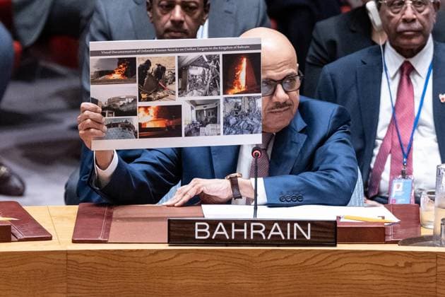 July 2, 2026, New York, New York, USA: Abdullatif bin Rashid Al Zayani, Minister of Foreign Affairs, Kingdom of Bahrain holds photographs of civilian targets hit by Iranian drones and missiles while speaking during Security Council meeting on The situation in the Middle East requested by Kingdom of Bahrain at UN Headquarters in New York, NY on July 2, 2026. New York USA - ZUMAr339 20260702_znp_r339_012 Copyright: xLevxRadinx