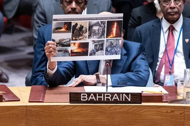 July 2, 2026, New York, New York, USA: Abdullatif bin Rashid Al Zayani, Minister of Foreign Affairs, Kingdom of Bahrain holds photographs of civilian targets hit by Iranian drones and missiles while speaking during Security Council meeting on The situation in the Middle East requested by Kingdom of Bahrain at UN Headquarters in New York, NY on July 2, 2026. New York USA - ZUMAr339 20260702_znp_r339_013 Copyright: xLevxRadinx