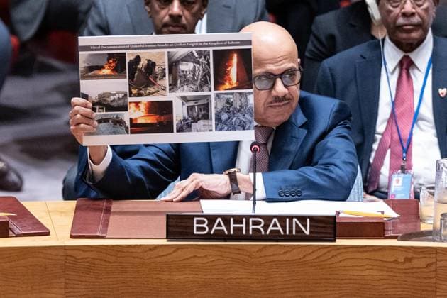 July 2, 2026, New York, New York, USA: Abdullatif bin Rashid Al Zayani, Minister of Foreign Affairs, Kingdom of Bahrain holds photographs of civilian targets hit by Iranian drones and missiles while speaking during Security Council meeting on The situation in the Middle East requested by Kingdom of Bahrain at UN Headquarters in New York, NY on July 2, 2026. New York USA - ZUMAr339 20260702_znp_r339_011 Copyright: xLevxRadinx
