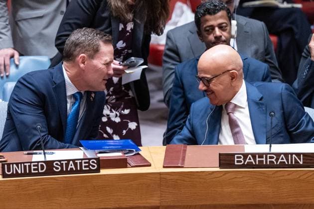 July 2, 2026, New York, New York, USA: Ambassador Mike Waltz of the United States, Abdullatif bin Rashid Al Zayani and Minister of Foreign Affairs, Kingdom of Bahrain consult during Security Council meeting on The situation in the Middle East requested by Kingdom of Bahrain at UN Headquarters in New York, NY on July 2, 2026. New York USA  - ZUMAr339 20260702_znp_r339_025 Copyright: xLevxRadinx