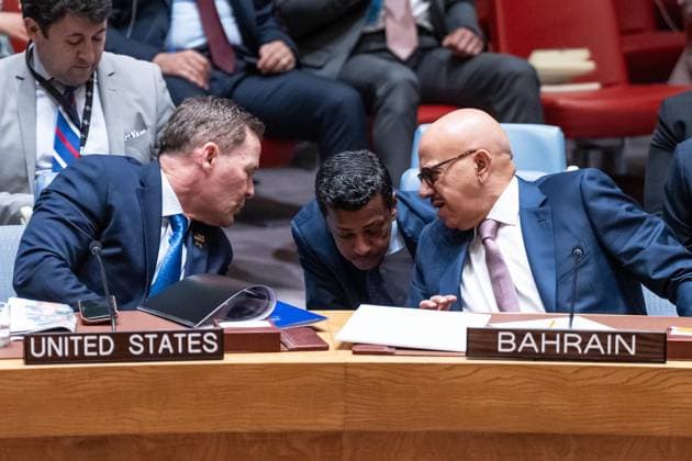 July 2, 2026, New York, New York, USA: Ambassador Mike Waltz of the United States, Abdullatif bin Rashid Al Zayani, Minister of Foreign Affairs, Kingdom of Bahrain and Ambassador Jamal Fares Alrowaiei of Kingdom of Bahrain consult during Security Council meeting on The situation in the Middle East requested by Kingdom of Bahrain at UN Headquarters in New York, NY on July 2, 2026. New York USA  - ZUMAr339 20260702_znp_r339_031 Copyright: xLevxRadinx