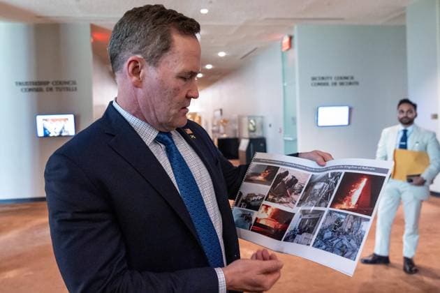 July 2, 2026, New York, New York, USA: Ambassador Mike Waltz of the United States holds photographs of civilian targets hit by Iranian drones and missiles while speaking to the press after Security Council meeting on The situation in the Middle East requested by Kingdom of Bahrain at UN Headquarters in New York, NY on July 2, 2026. New York USA - ZUMAr339 20260702_znp_r339_019 Copyright: xLevxRadinx