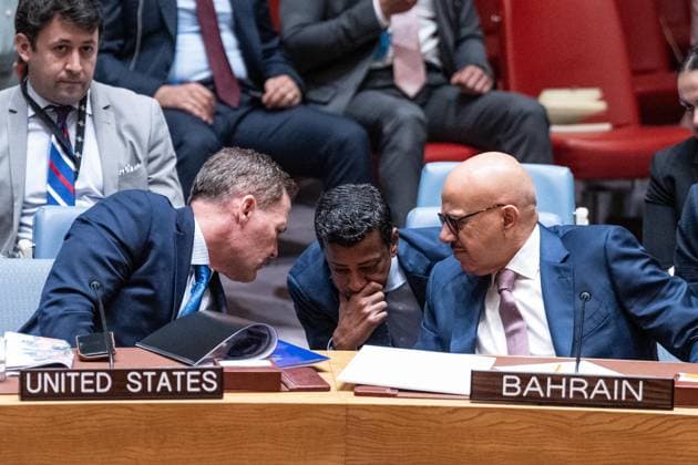 July 2, 2026, New York, New York, USA: Ambassador Mike Waltz of the United States, Abdullatif bin Rashid Al Zayani, Minister of Foreign Affairs, Kingdom of Bahrain and Ambassador Jamal Fares Alrowaiei of Kingdom of Bahrain consult during Security Council meeting on The situation in the Middle East requested by Kingdom of Bahrain at UN Headquarters in New York, NY on July 2, 2026. New York USA  - ZUMAr339 20260702_znp_r339_033 Copyright: xLevxRadinx