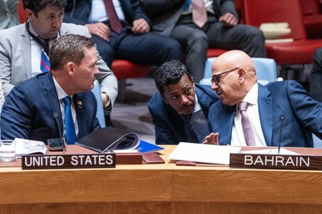 July 2, 2026, New York, New York, USA: Ambassador Mike Waltz of the United States, Abdullatif bin Rashid Al Zayani, Minister of Foreign Affairs, Kingdom of Bahrain and Ambassador Jamal Fares Alrowaiei of Kingdom of Bahrain consult during Security Council meeting on The situation in the Middle East requested by Kingdom of Bahrain at UN Headquarters in New York, NY on July 2, 2026. New York USA - ZUMAr339 20260702_znp_r339_032 Copyright: xLevxRadinx