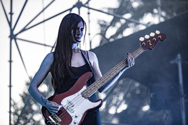 July 2, 2026, Soliera, Emilia Romagna, Italy: Samira Zahidi, bassist of the British post-punk band The Underground Youth performs on stage during a concert. Singer and guitarist Craig Dyer performed on stage at Piazza Lusvardi in Soliera (Modena) during a concert by British post-punk band The Underground Youth. The event marked the opening night of the nineteenth edition of the Arti Vive Festival. Soliera Italy - ZUMAs197 20260702_aaa_s197_417 Copyright: xCarloxVerganix