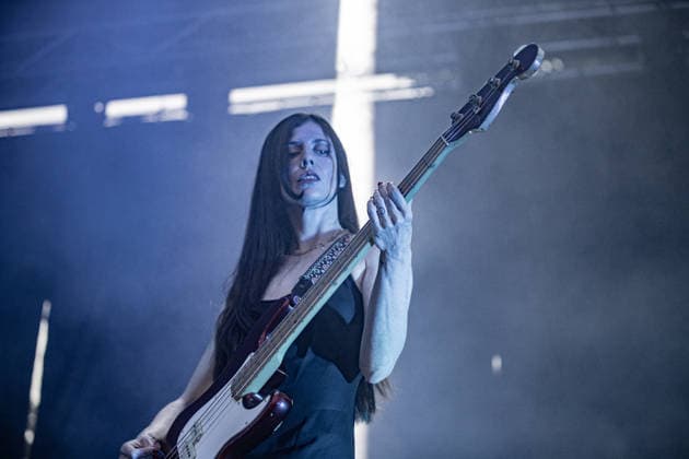 July 2, 2026, Soliera, Emilia Romagna, Italy: Samira Zahidi, bassist of the British post-punk band The Underground Youth performs on stage during a concert. Singer and guitarist Craig Dyer performed on stage at Piazza Lusvardi in Soliera (Modena) during a concert by British post-punk band The Underground Youth. The event marked the opening night of the nineteenth edition of the Arti Vive Festival. Soliera Italy - ZUMAs197 20260702_aaa_s197_419 Copyright: xCarloxVerganix