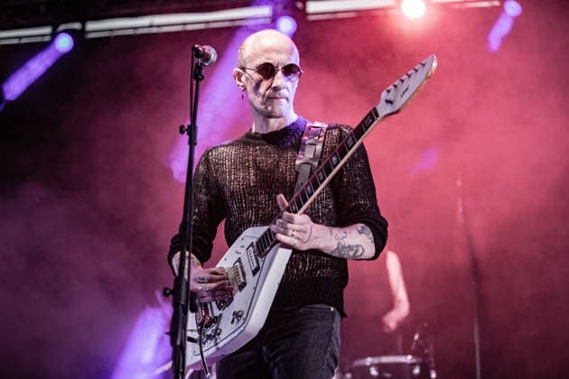 July 2, 2026, Soliera, Emilia Romagna, Italy: Singer and guitarist Craig Dyer of the British post-punk band The Underground Youth performs on stage during a concert. Singer and guitarist Craig Dyer performed on stage at Piazza Lusvardi in Soliera (Modena) during a concert by British post-punk band The Underground Youth. The event marked the opening night of the nineteenth edition of the Arti Vive Festival. Soliera Italy - ZUMAs197 20260702_aaa_s197_420 Copyright: xCarloxVerganix