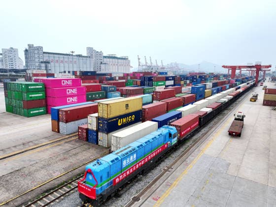 CHINA RAINWAY Express LIANYUNGANG, CHINA - JULY 3, 2026 - A fully loaded container of CHINA RAINWAY Express is preparing to depart from KTZ EXPRESS MULTIMODAL Company cooperative base in Lianyungang, Jiangsu Province, China on July 3, 2026. Lianyungang Jiangsu China  Copyright: xCFOTOx i1783078705629