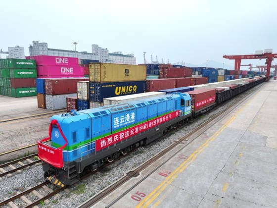 CHINA RAINWAY Express LIANYUNGANG, CHINA - JULY 3, 2026 - A fully loaded container of CHINA RAINWAY Express is preparing to depart from KTZ EXPRESS MULTIMODAL Company cooperative base in Lianyungang, Jiangsu Province, China on July 3, 2026. Lianyungang Jiangsu China  Copyright: xCFOTOx i1783078706643