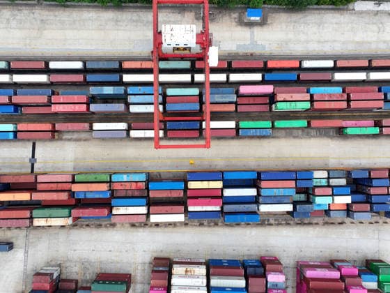 CHINA RAINWAY Express LIANYUNGANG, CHINA - JULY 3, 2026 - Large scale machinery is loading containers onto a CHINA RAILWAY Express train at the KTZ EXPRESS MULTIMODAL Company cooperative base in Lianyungang, Jiangsu Province, China on July 3, 2026. Lianyungang Jiangsu China  Copyright: xCFOTOx i1783078707876