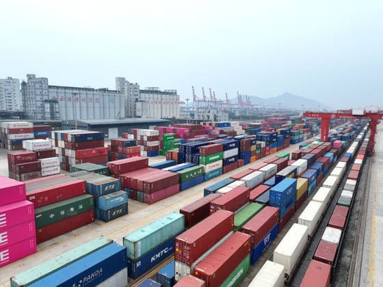 CHINA RAINWAY Express LIANYUNGANG, CHINA - JULY 3, 2026 - Large scale machinery is loading containers onto a CHINA RAILWAY Express train at the KTZ EXPRESS MULTIMODAL Company cooperative base in Lianyungang, Jiangsu Province, China on July 3, 2026. Lianyungang Jiangsu China  Copyright: xCFOTOx i1783078708597