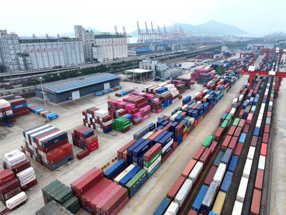 CHINA RAINWAY Express LIANYUNGANG, CHINA - JULY 3, 2026 - Large scale machinery is loading containers onto a CHINA RAILWAY Express train at the KTZ EXPRESS MULTIMODAL Company cooperative base in Lianyungang, Jiangsu Province, China on July 3, 2026. Lianyungang Jiangsu China  Copyright: xCFOTOx i1783078708745