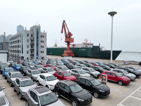 LIANYUNGANG, CHINA - JULY 03: Aerial view of domestic vehicles waiting to be loaded onto a ro-ro ship for export at Lianyungang Port on July 3, 2026 in Lianyungang, Jiangsu Province of China.  Copyright: xVCGx 111651949607