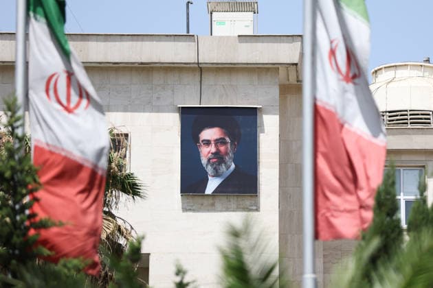 IRAN, TEHRAN - JULY 3, 2026: A building displays a portrait of Supreme Leader Ali Khamenei (1939-2026) on the eve of his state funeral set to take place from July 4 to 9. Khamenei was killed in a joint US-Israeli airstrike on his residence on February 28. Valery Sharifulin TASS  94604202