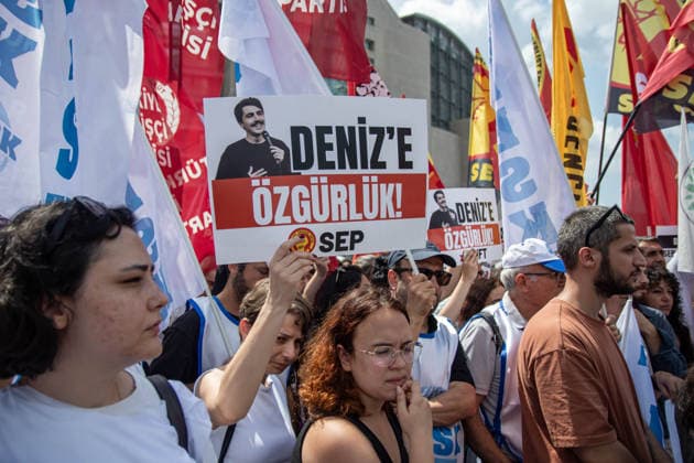 July 3, 2026, Istanbul, Istanbul, Turkey: Stand-up comedian Deniz Goktas was brought to the Istanbul Courthouse in Caglayan after being detained over his stand-up show published on YouTube. Political parties, labor unions, civil society organizations, fellow artists and supporters gathered outside the courthouse and held a press statement calling for his release and defending freedom of expression. Istanbul Turkey - ZUMAt171 20260703_zip_t171_001 Copyright: xAbdullahxTepelix
