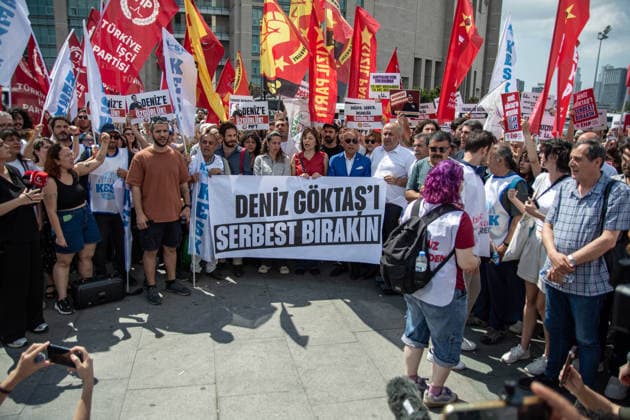 July 3, 2026, Istanbul, Istanbul, Turkey: Stand-up comedian Deniz Goktas was brought to the Istanbul Courthouse in Caglayan after being detained over his stand-up show published on YouTube. Political parties, labor unions, civil society organizations, fellow artists and supporters gathered outside the courthouse and held a press statement calling for his release and defending freedom of expression. Istanbul Turkey  - ZUMAt171 20260703_zip_t171_002 Copyright: xAbdullahxTepelix