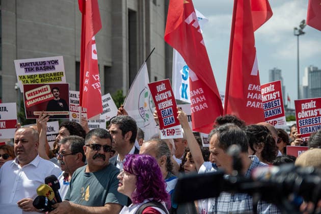 July 3, 2026, Istanbul, Istanbul, Turkey: Stand-up comedian Deniz Goktas was brought to the Istanbul Courthouse in Caglayan after being detained over his stand-up show published on YouTube. Political parties, labor unions, civil society organizations, fellow artists and supporters gathered outside the courthouse and held a press statement calling for his release and defending freedom of expression. Istanbul Turkey  - ZUMAt171 20260703_zip_t171_010 Copyright: xAbdullahxTepelix